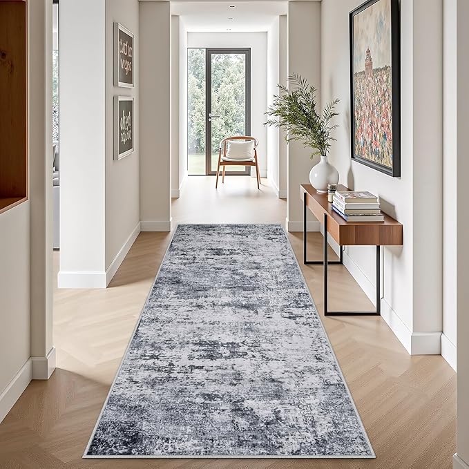 FXRHLP 2.6x8 Washable Runner Rug：Modern Abstract Kitchen Soft Carpet Grey