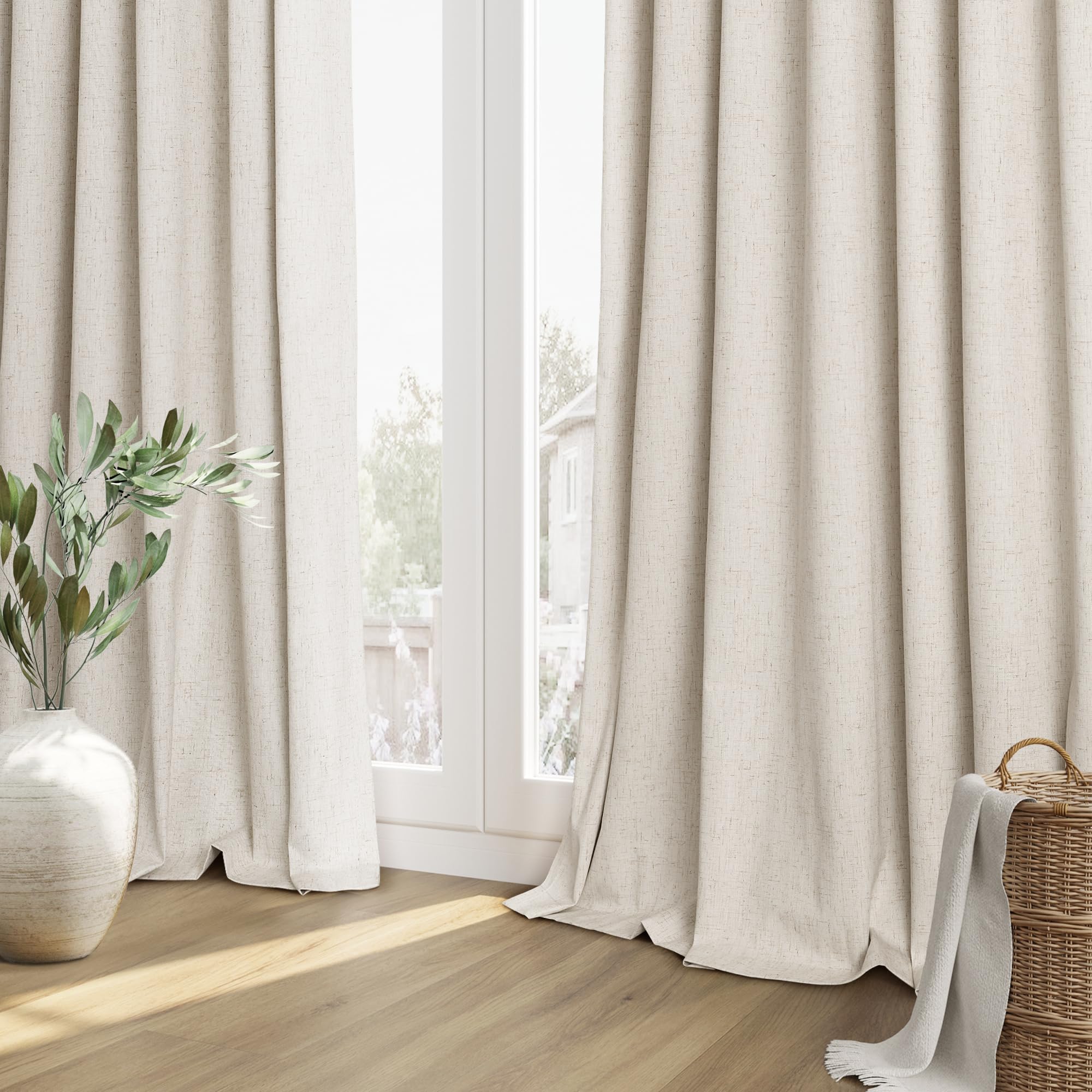 Guken 100% Blackout Linen Curtains 102 Inch Length 2 Panels Set for Living Room Bedroom Back Tab Thermal Insulated Black Out Drapes Room Darkening Room Darkening Farmhosue Window Curtains, 52x102