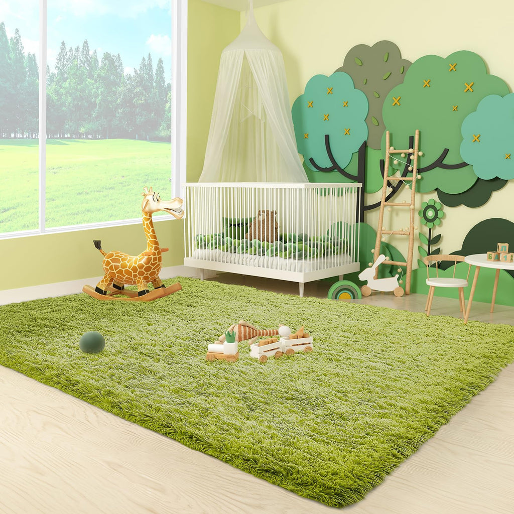 Ophanie Green Grass Area Rugs for Bedroom, 3x5 Shag Fluffy Carpet, Fuzzy Furry Plush Soft Cute Kids Baby Girls Shaggy Bedside Floor Rug for Teen Nursery Decor Aesthetic with Over 99 pcs Pile fibers