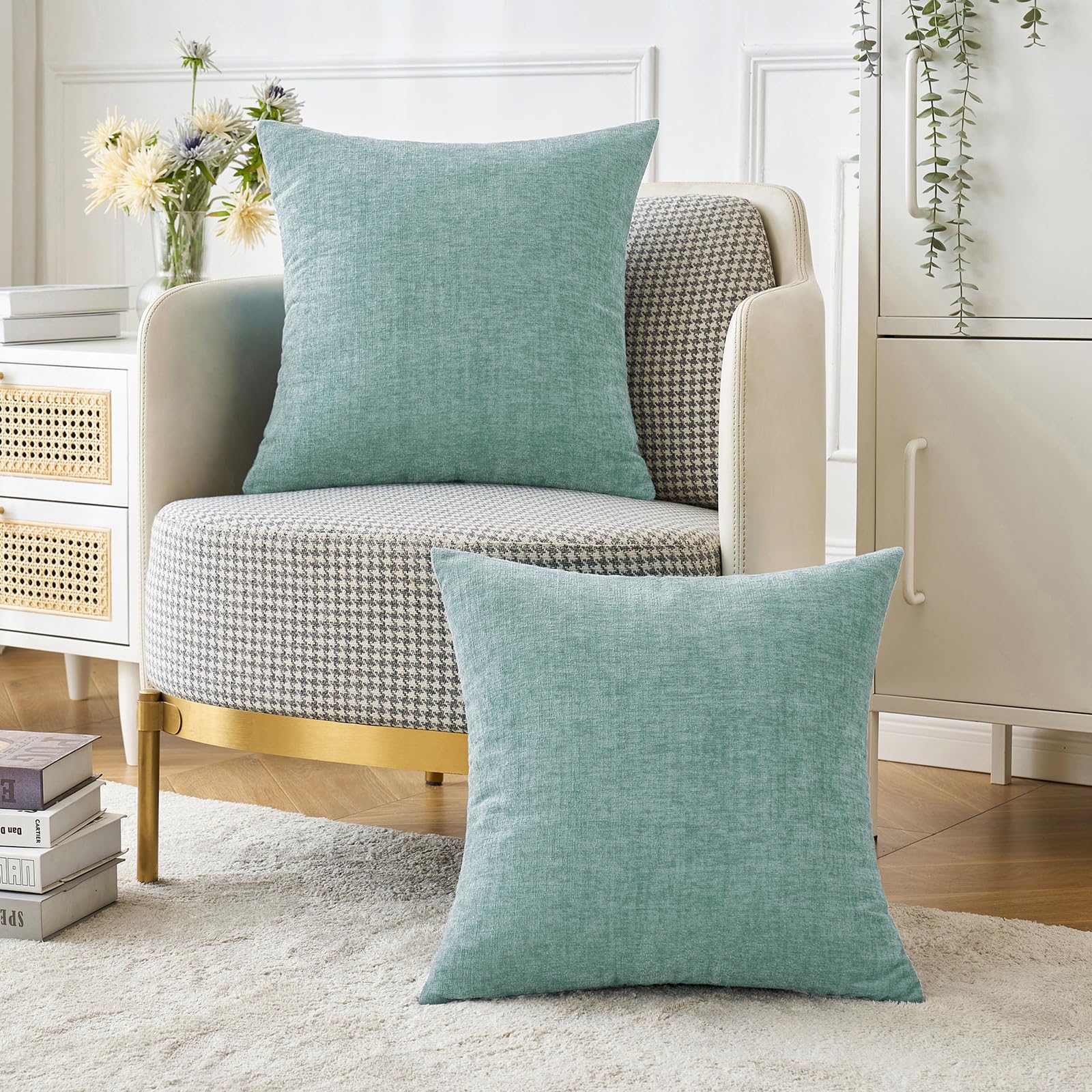 MIULEE Soft Chenille Throw Pillow Covers Aqua Green 18x18 Inch Pack of 2