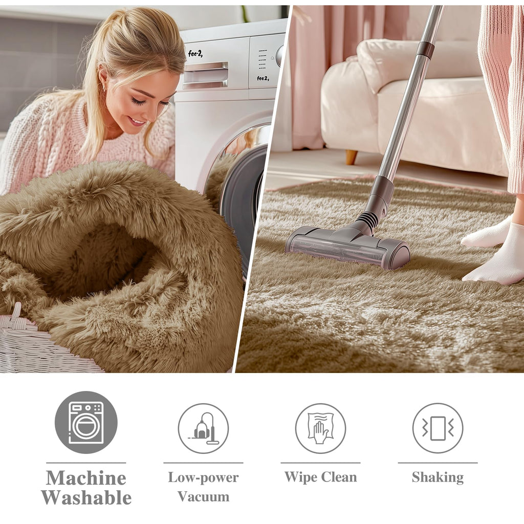OLANLY Taupe Round Rugs for Bedroom - Machine Washable, 9 ft Circle Area Rugs for Living Room, Soft and Fluffy Shaggy Carpet for Teen Girl and Boys, Nursery Rooms, Dorms, Home Decor Aesthetic