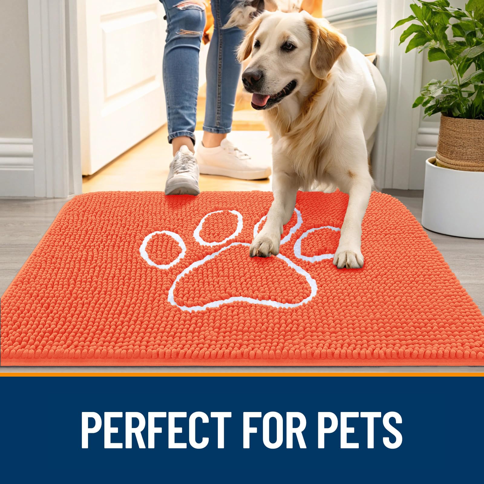 OLANLY Dog Door Mat for Muddy Paws 30x20, Paw Print Design Chenille Mud Mat