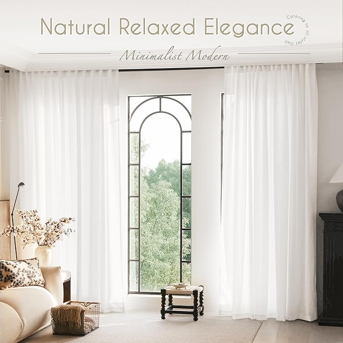 Linen White Curtains 90 inches Long for Bedroom Loop Pocket Privacy Light Filtering Semi Sheer White Boho Farmhouse Curtain Drapes Cotton Textured Modern Elegant Coastal Living Room Decor 60x90