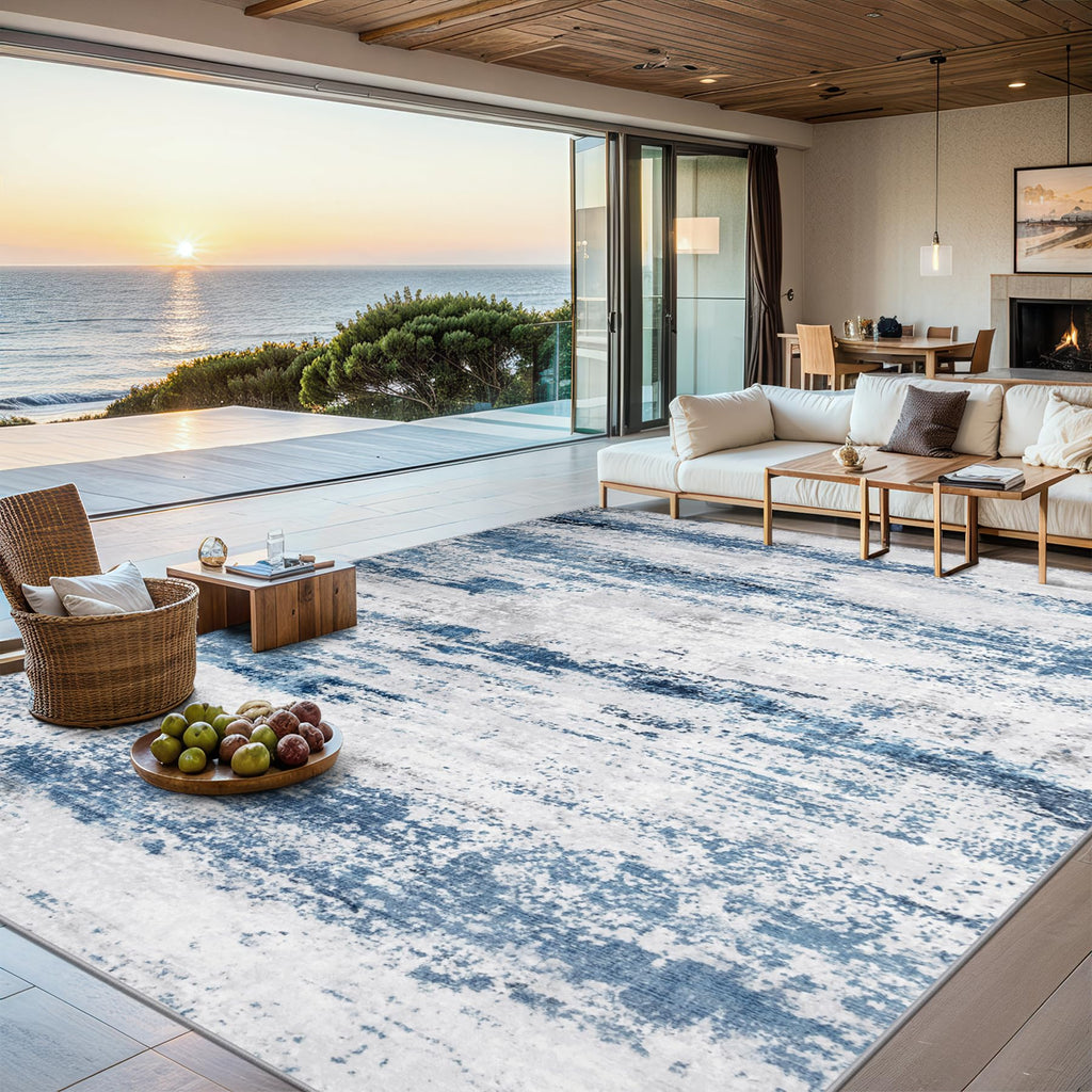 PLHXFR Area Rug Living Room: 5x7 Abstract Washable Carpet White Blue