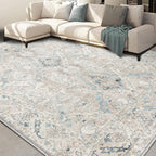 phonzenuo 8x10 Area Rugs for Living Room, Machine Washable Non Slip Vintage Retro Rugs, Low Pile Lightweight Chenille Print Indoor Rug for Bedroom, Dining Room, Home Office(Grey/Blue/TAN/Teal/Green)