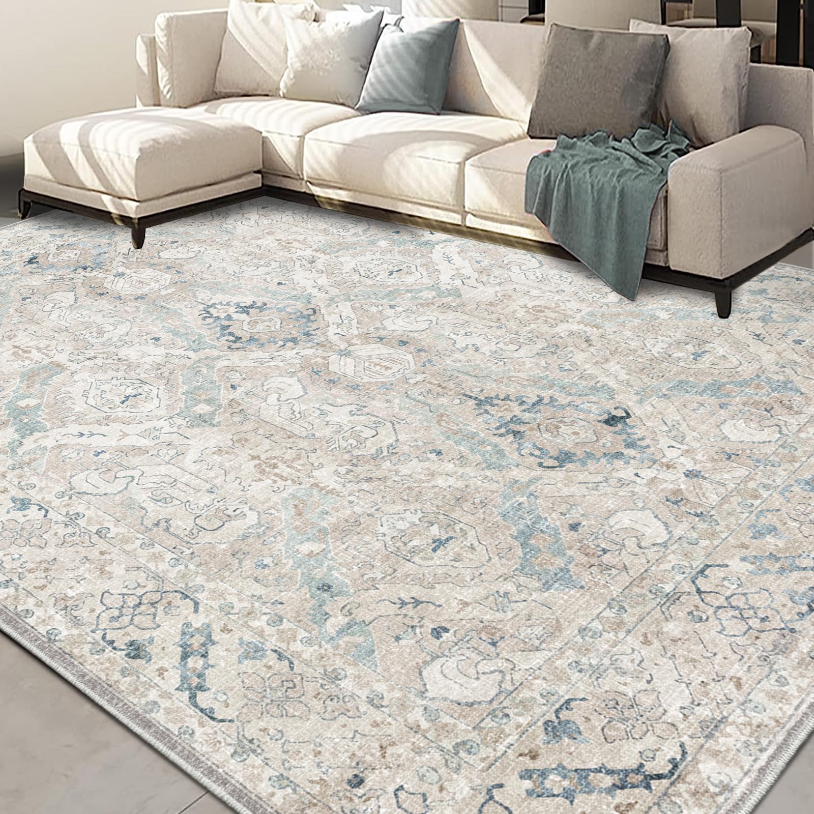 phonzenuo 8x10 Area Rugs for Living Room, Machine Washable Non Slip Vintage Retro Rugs, Low Pile Lightweight Chenille Print Indoor Rug for Bedroom, Dining Room, Home Office(Grey/Blue/TAN/Teal/Green)