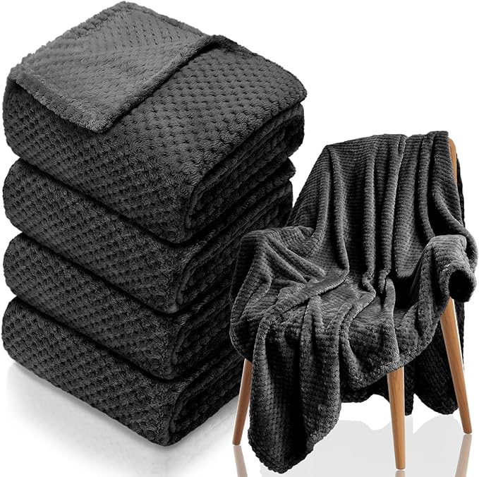 Tewloss 4 Pack Fleece Throw Blankets 50x60 Inches - Oeko-Tex Certified 100, 270 GSM Ultra Soft Plush for Bed, Couch and Cozy Gifts. 3D Waffle Texture, No Shedding No Pilling All Season (Black)