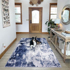 KOZYFLY Modern Abstract Area Rugs 5x7 Navy Blue Machine Washable Thin Rug for Bedroom Non-Slip Living Room Rug, Faux Wool Soft Low Pile Office Carpet for Dining Room, Bedroom, Kitchen