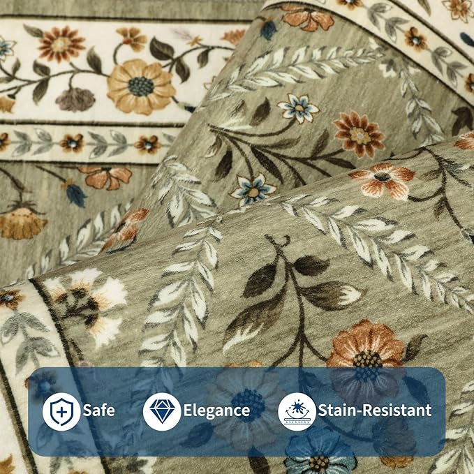 Washable Kitchen Runner 2x6 Non-Slip Floral Carpet Runner for Entryway Indoor Ultra Soft Stain Resistant Long Rugs Farmhouse Floor Mat for Hallways Laundry Bedroom Green