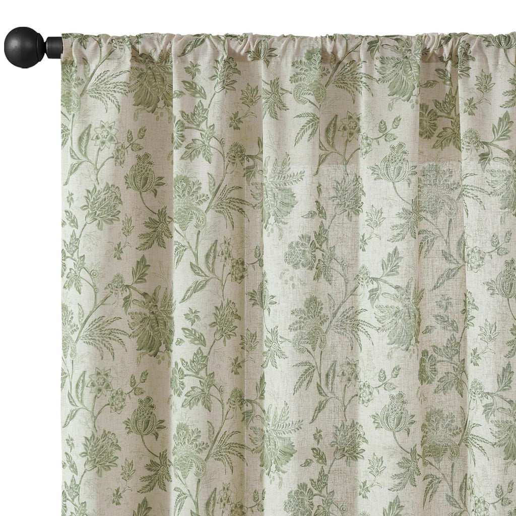 jinchan Linen Floral Curtains for Living Room with Printed Flower 63 Inches Long Light Filtering French Country Back Tab Rod Pocket Sage Green Window Curtain Set Farmhouse Drapes 2 Panels