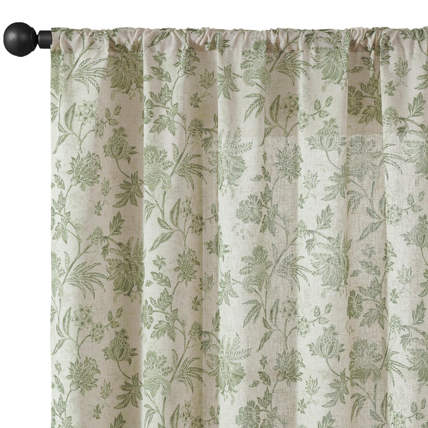 jinchan Linen Floral Curtains for Living Room with Printed Flower 63 Inches Long Light Filtering French Country Back Tab Rod Pocket Sage Green Window Curtain Set Farmhouse Drapes 2 Panels