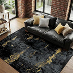Washable Area Rugs 8'x10' Non-Slip Modern Abstract Soft for Living Room Entryway Bedroom Nursery, Print Pattern, Dark Black Gold