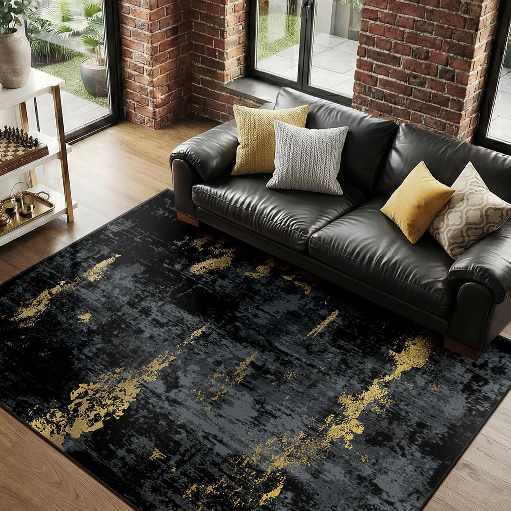 RELEANY Washable 6'x9' Abstract Area Rug for Living Room Black Gold