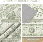 Madane 6x9 Area Rugs for Living Room, Vintage Stain Resistant Area Rug, Washable Floral Print Thin Floor Carpet with Non-Slip Backing for Bedroom Dining Room, Green/Ivory