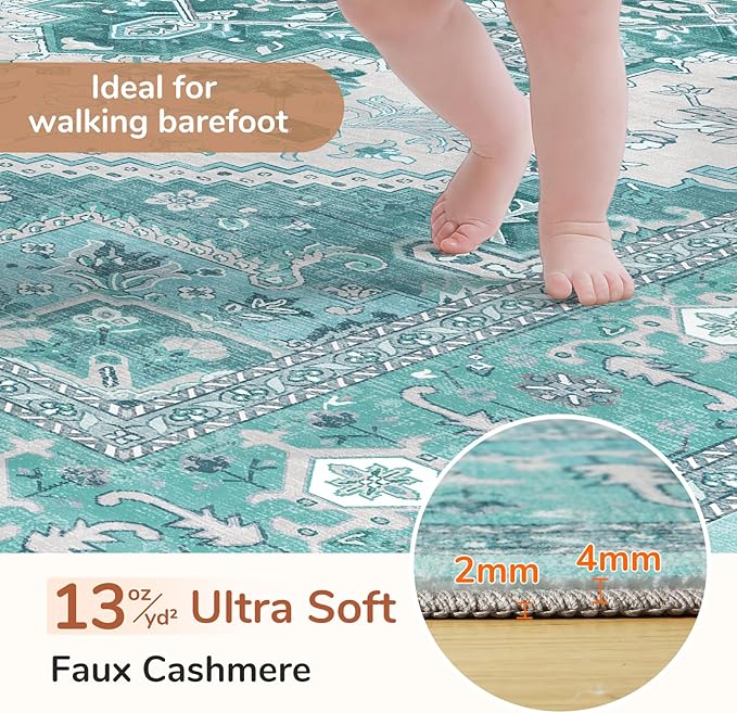 OPPODREAM Soft 10x14 Area Rugs, Washable Rugs 10x14 with Non Slip Backing, Low-Pile Faux Cashmere 10 x 14 Carpet, Teal & Turquoise & Cream