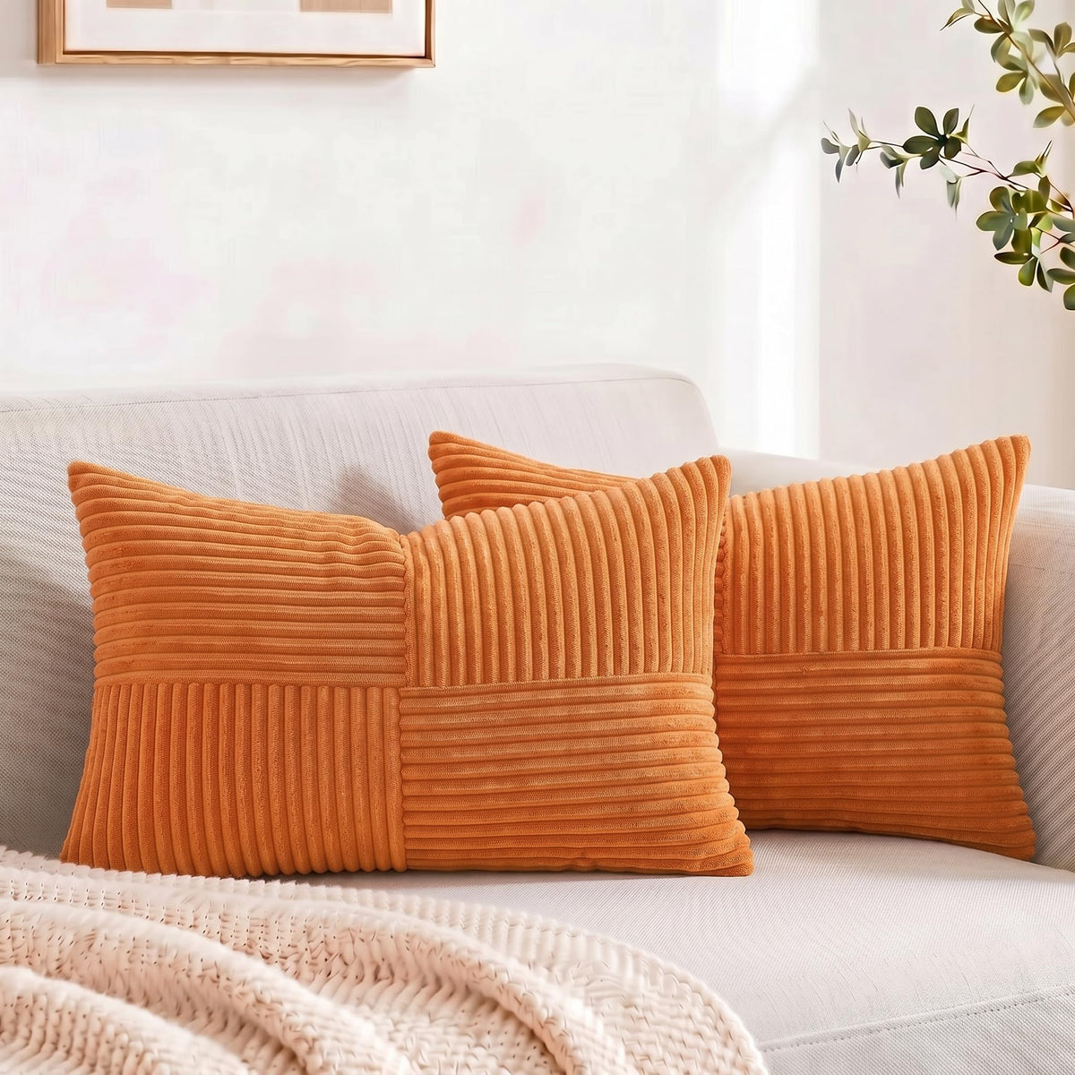 Fancy Homi 2 Packs Burnt Orange Lumbar Decorative Throw Pillow Covers 12x20 Inch for Living Room Couch Bed Sofa, Farmhouse Boho Home Decor, Soft Striped Corduroy Rectangle Accent Cushion Case 30x50 cm