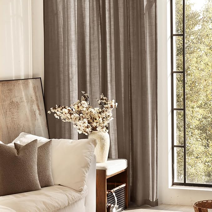 Chocolate Brown Linen Curtain 120 inch Length 2 Panels Back Tab Light Filtering Living Room Curtain Drapes Home Office Modern Minimalist Decor Farmhouse Boho Neutral Semi Sheer Curtain 120 inch Long