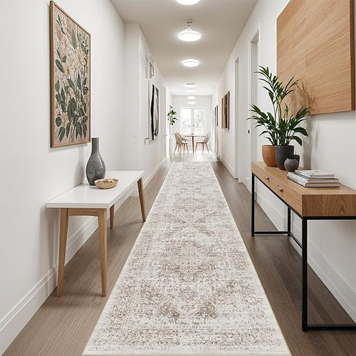 2'6"x14 Washable Long Runner Rug: Vintage Non Slip Hallway Rug IvoryBeige