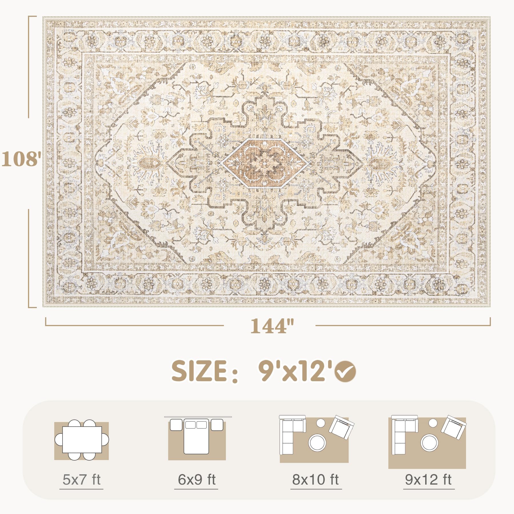 Area Rugs 9x12 Vintage Rug: Large Washable Living Room Rug Retro Medallion Distressed Soft Low Pile Non-Slip Indoor Floor Carpet for Bedroom Dining Table Office (BeigeBrown,9'x12')
