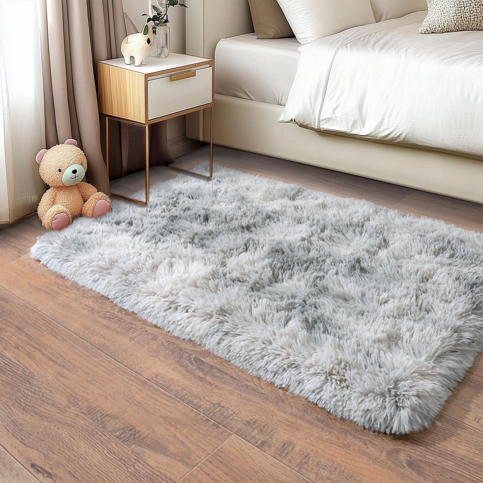 Fluffy Small Rug for Bedroom 2x3 Feet, Shag Soft Area Rug, Tie Dye Grey
