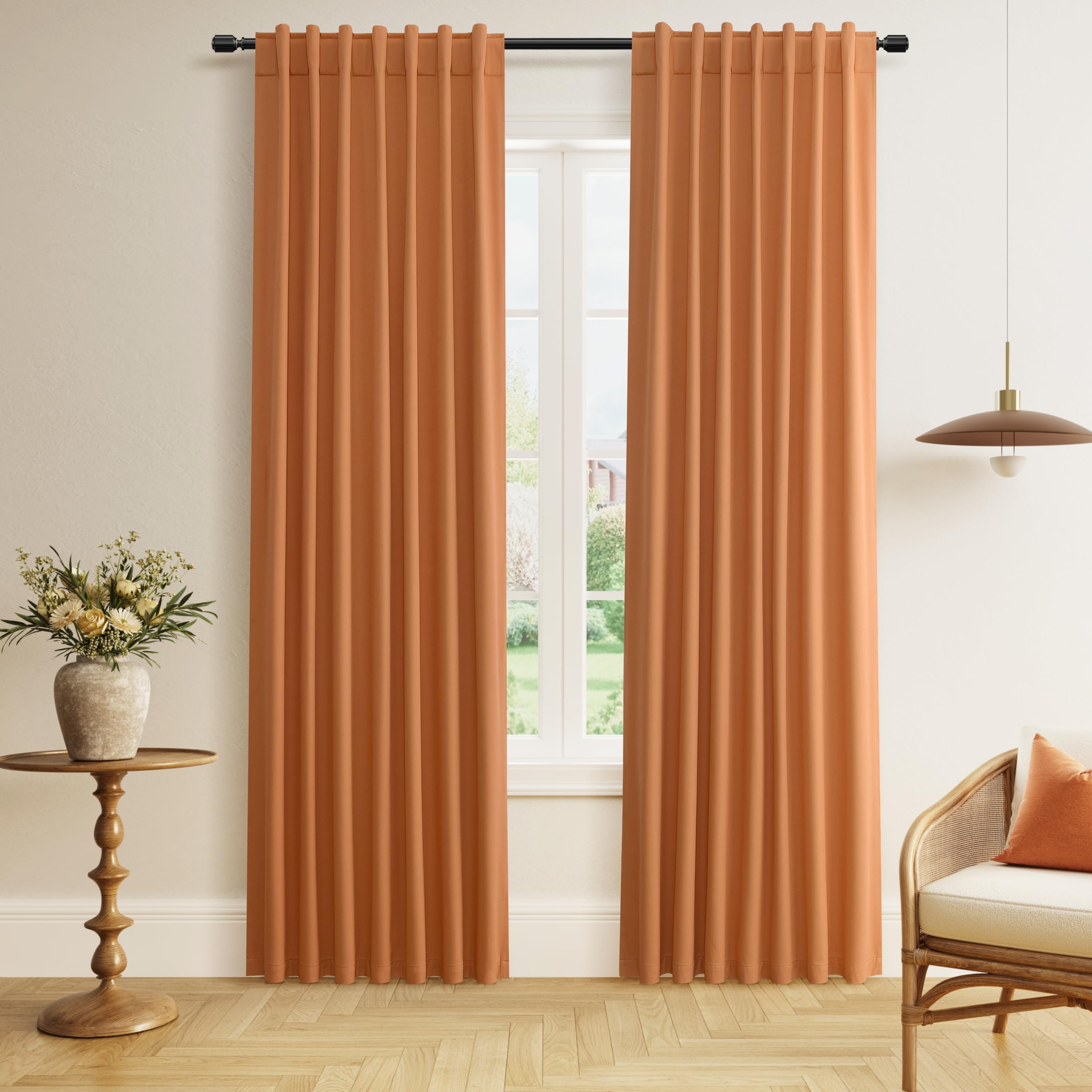 Guken Orange 100% Blackout Linen Curtains 84 Inch Length 2 Panels Set for Living Room Bedroom Back Tab Thermal Insulated Black Out Drapes Room Darkening Farmhouse Window Curtains 84 Inches Long