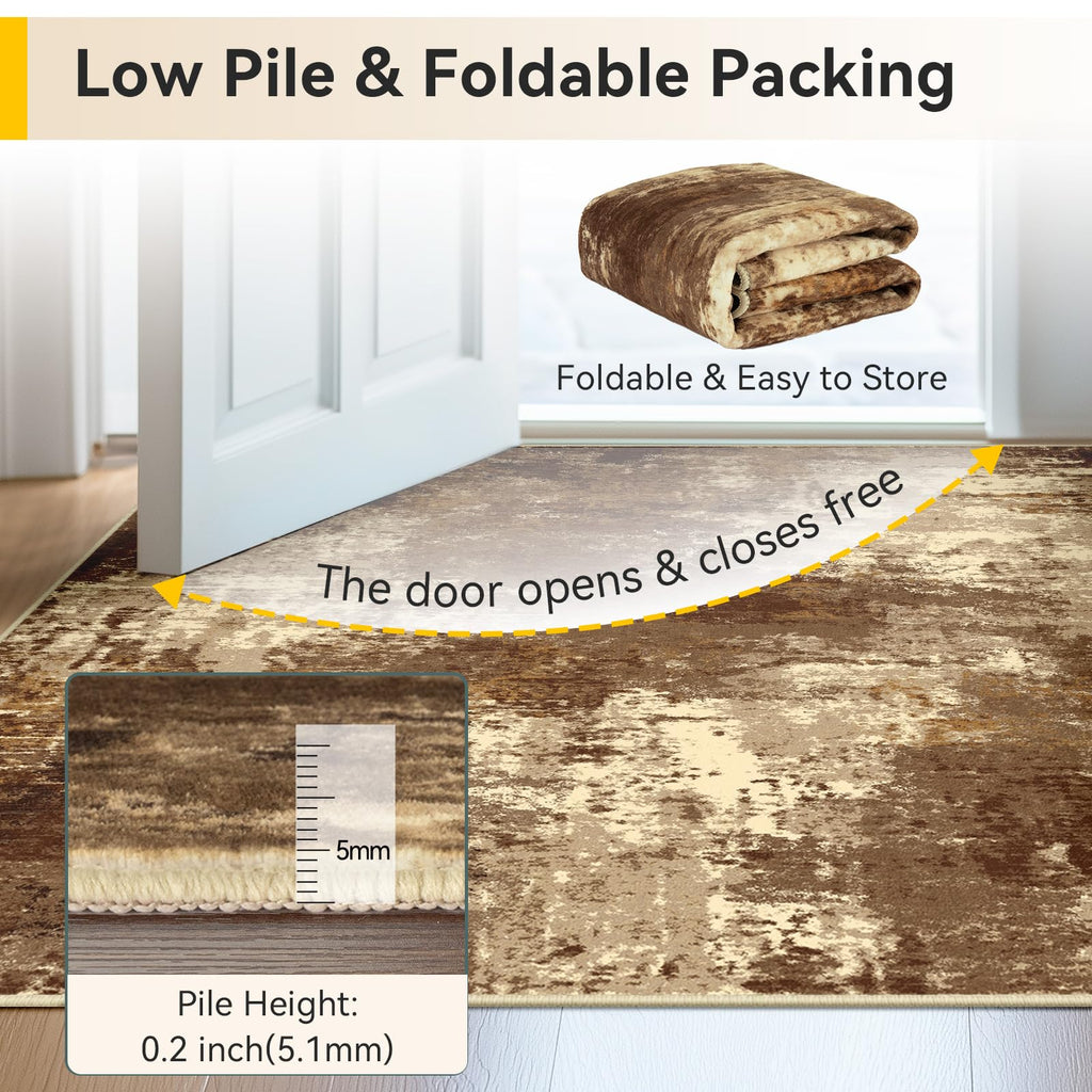 RELEANY Washable 5'x7' Abstract Area Rug for Living Room Brown Tan