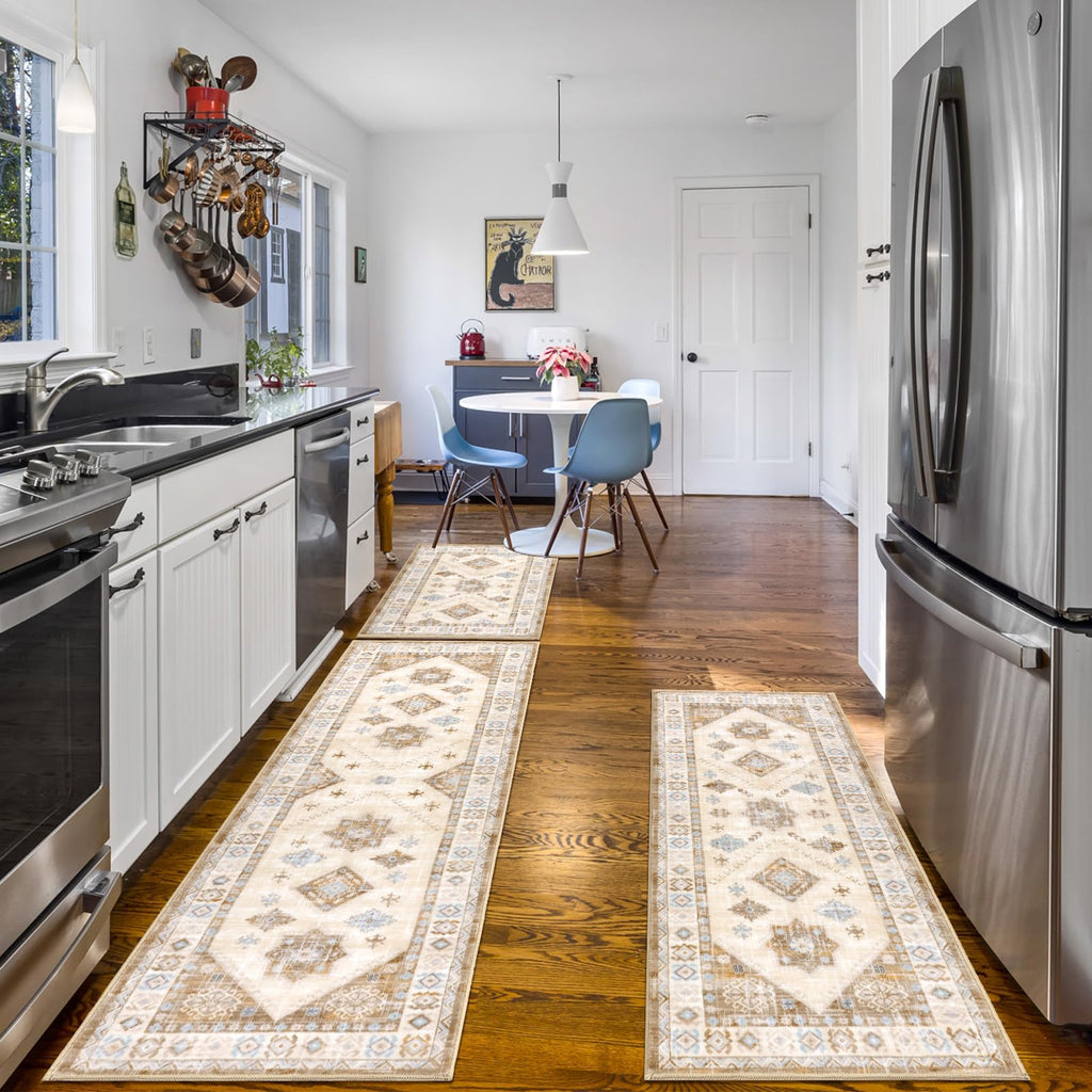 HEBE Boho Kitchen Rugs Set of 3, Non Slip Washable Kitchen Mats for Floor