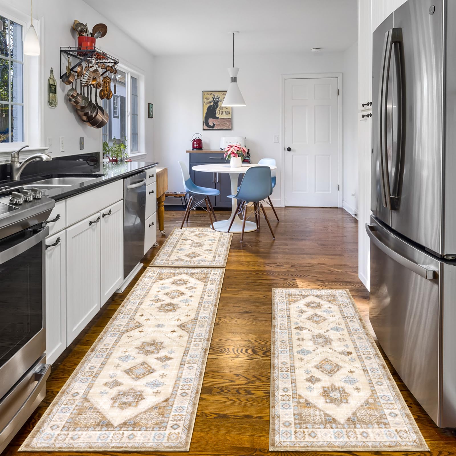 HEBE Boho Kitchen Rugs Set of 3, Non Slip Washable Kitchen Mats for Floor