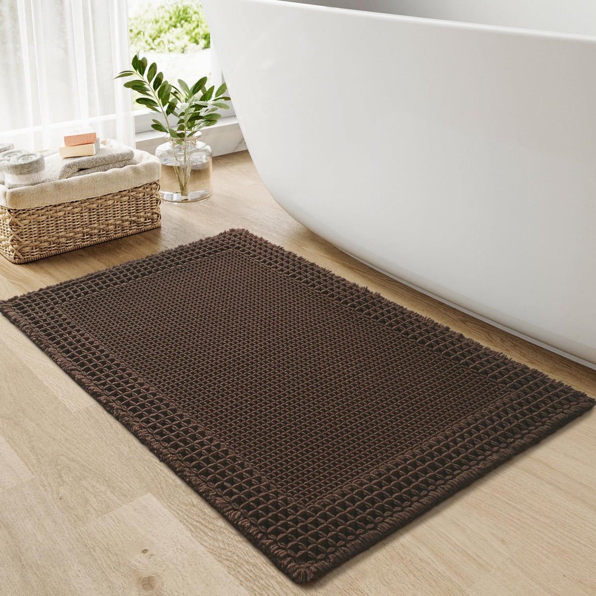 RESARE Waffle Bathroom Runner Rugs, Non Slip Boho Bath Mat 24"x60" Green