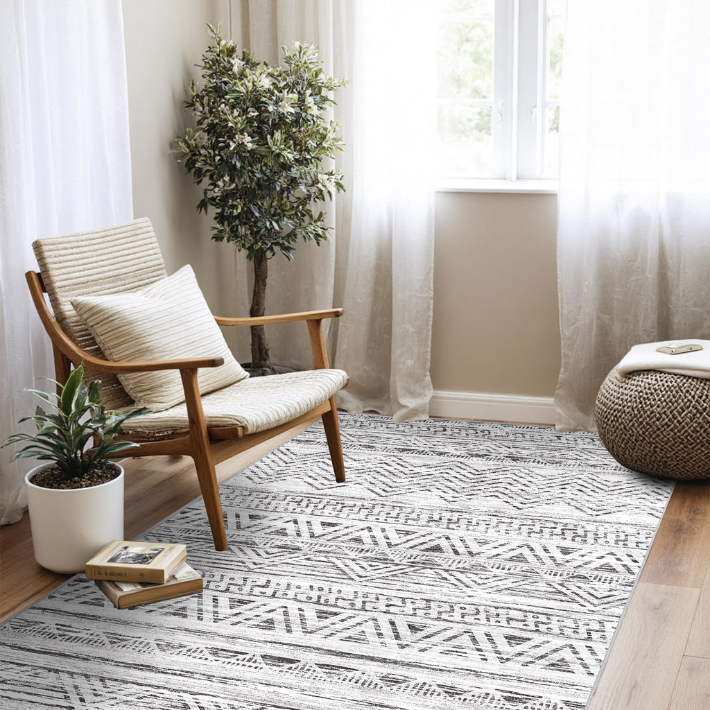 4x5 Area Rug Washable Moroccan: Non Slip Entryway Floor Mat Grey