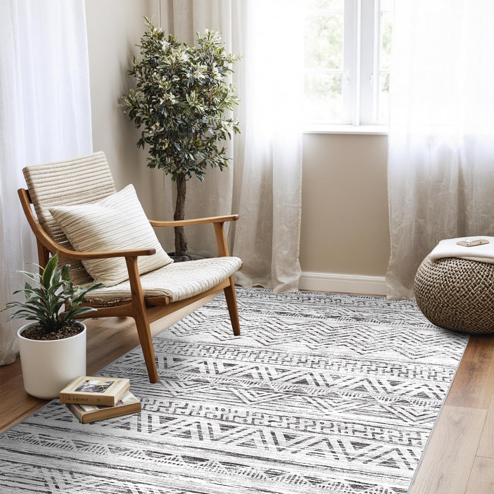 4x5 Area Rug Washable Moroccan: Non Slip Entryway Floor Mat Grey