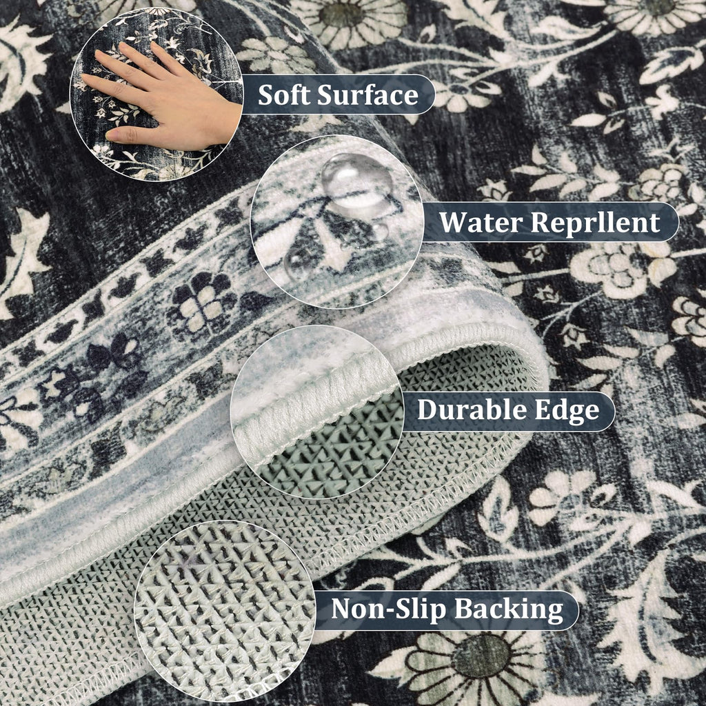 Yamaziot 2x6 Washable Hallway Runner Rug Non Slip Floral Carpet, Black