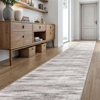 KOZYFLY Modern Abstract Washable Long Runner Rug 2.6x20 Hallway Rug Runner Non-Slip Soft Stair Runner Rugs, Grey/Light Beige/Brown Striped Carpet for Kitchen Entryway Bathroom