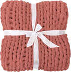 Bigacogo Chunky Knit Throw Blanket for Couch, 40x40 inches, 100% Hand Knitted with Thick Jumbo Chenille Yarn, Cozy Soft Large Rope Knot Cable Crochet Blankets for Sofa Bed Living Room, Antique Red
