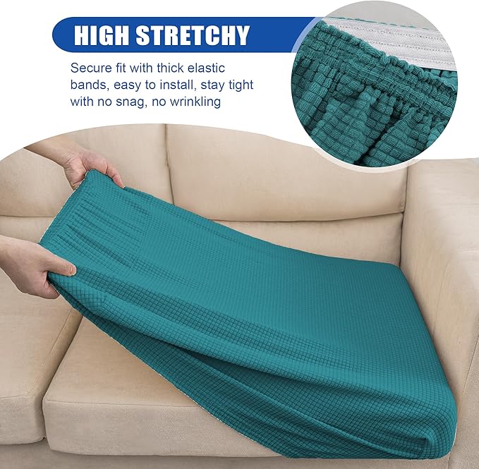 Water Resistant Stretch Sofa Seat Cushion Covers Stretch Furniture Protector, Soft Flexibility Loveseat Cushion Cover with Elastic Bottom for Camper (Medium, Dark Teal)