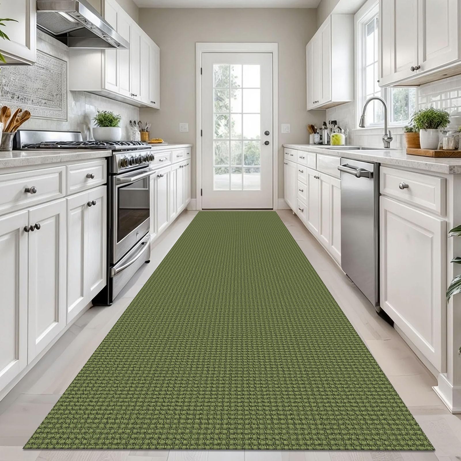 KOZYFLY Long Runners for Hallways 3x12 ft Washable Kitchen Runner Non Slip Rubber Backed Hallway Rugs Cotton Entryway Runner Rug Floor Carpet for Indoor Hall, Kitchen, Olive Green/Earthy Green