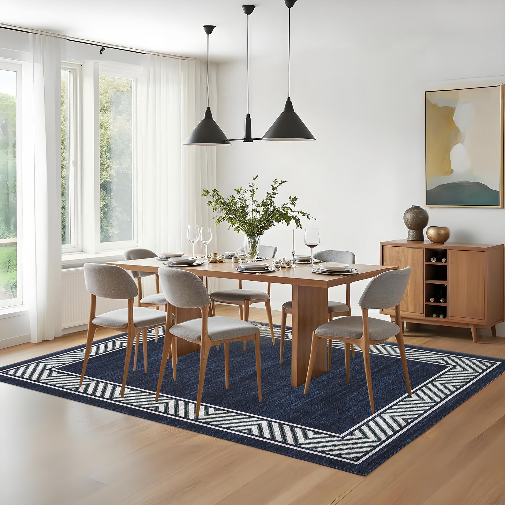 GarveeHome Bordered Bedroom Rugs 5x7 Ultra-Soft Indoor Carpet, Non-Slip Modern Geometric Living Room Rug, Stain-Resistant Neutral Accent Floor Cover for Dining Room, Nursery, Office, Navy Blue