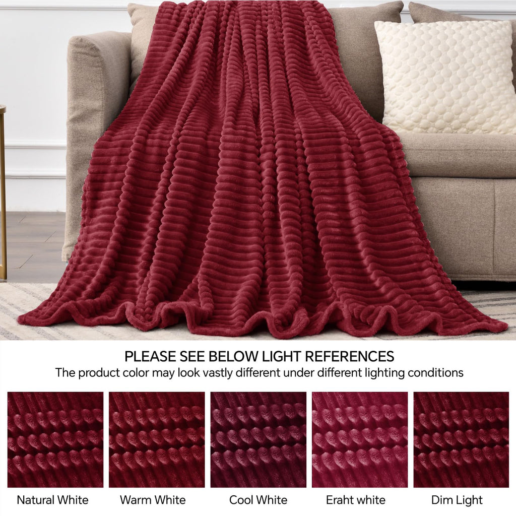 BEDELITE 3D Ribbed Burgundy Fleece Throw Blanket for Couch, 50x60 Inch