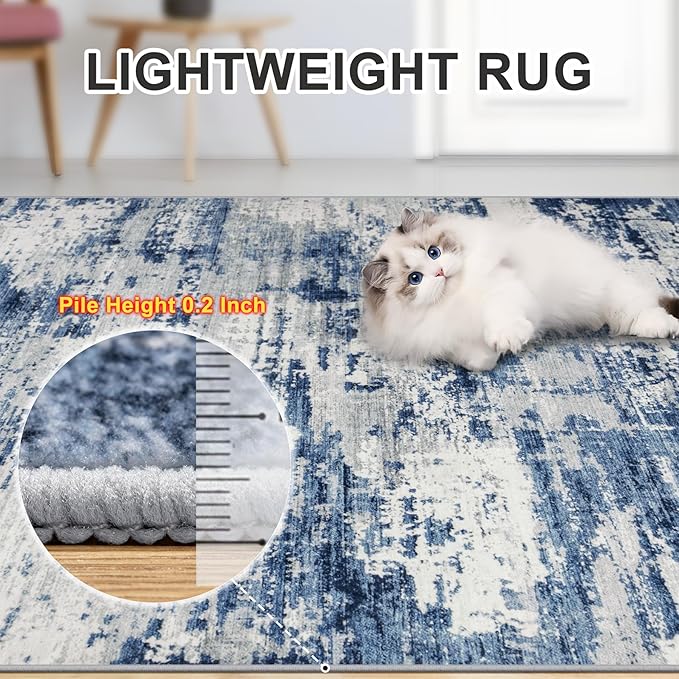 Area Rugs Living Room Rug - 4x6 Washable Modern Abstract Soft Neutral Non-Slip Carpet Large Indoor Floor Thin Carpets for Bedroom Dining Room Farmhouse Nursery Home Office Blue Gray