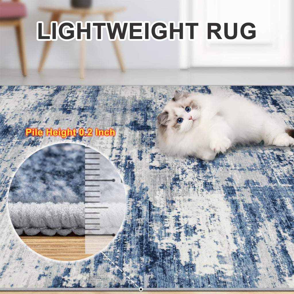 PLHXFR Area Rug Living Room: 4x6 Abstract Washable Carpet Blue Gray