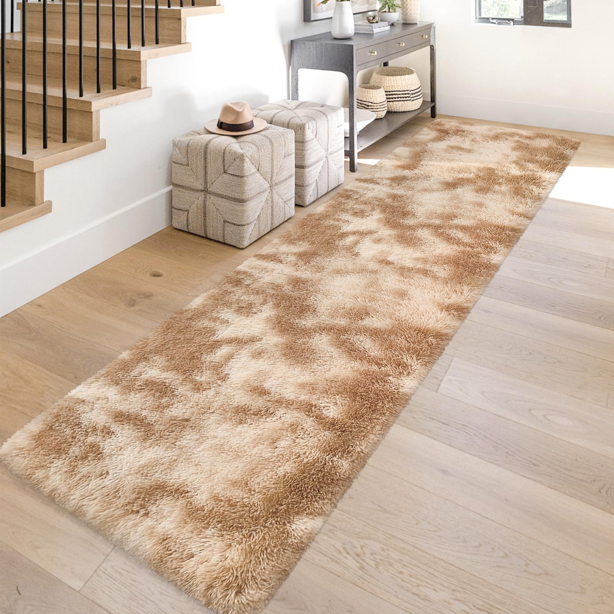 JiaoBaba Super Soft Fluffy Living Room Area Rugs 2x10 ft Tie-Dyed Beige Shaggy Furry Carpet Washable Non-Slip Floor Rug Bedroom Bedside Nursery Rug Fuzzy Girls Boy Reduce Noise Dorm Home Decor