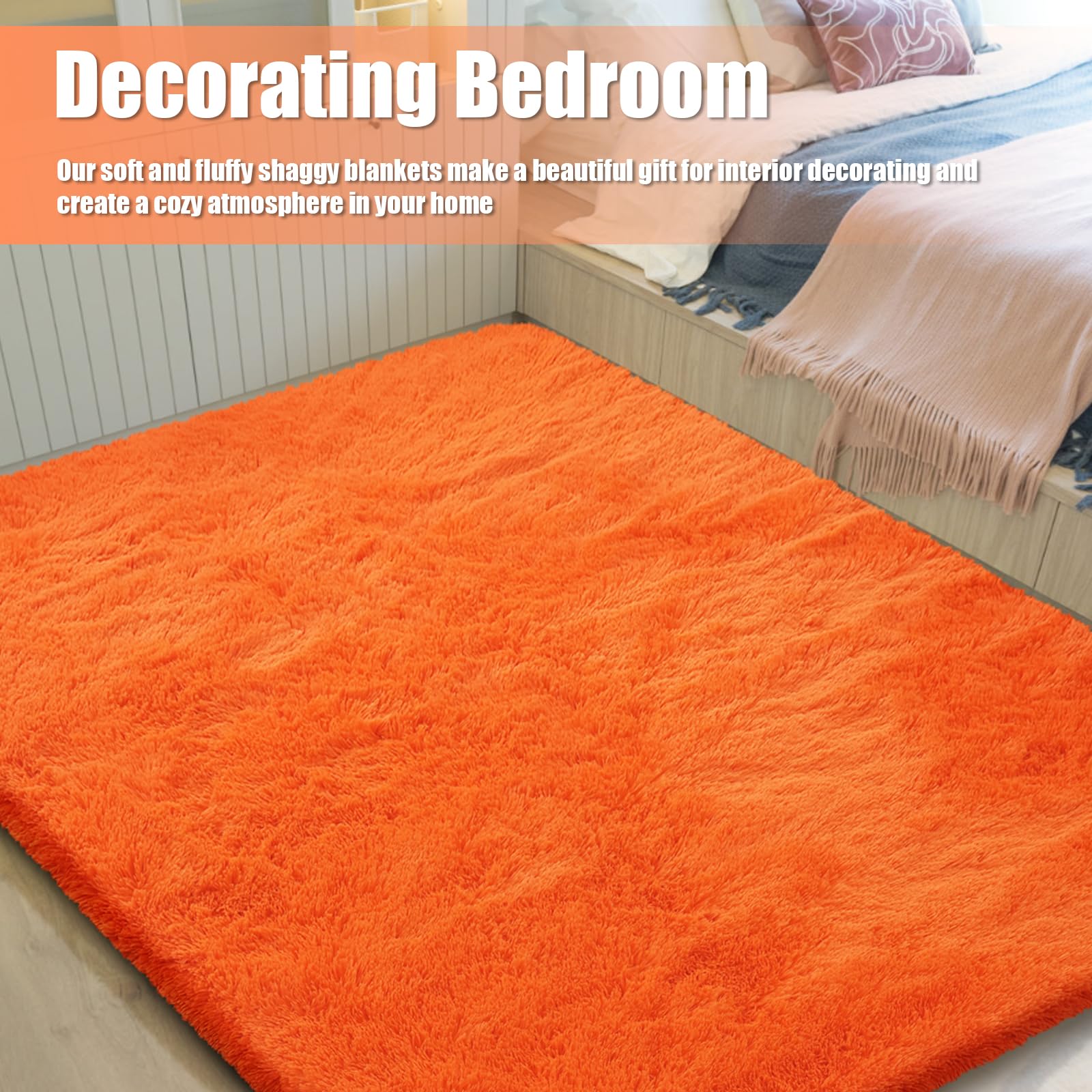 4x6 Area Rug for Bedroom,Orange Fluffy Shag Living Room Rug Bedside Rugs