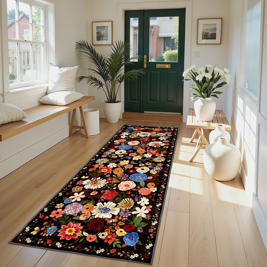 Babovid Black Brown Floral Hallway Runner Rug 2x8 for Bedroom Kitchen