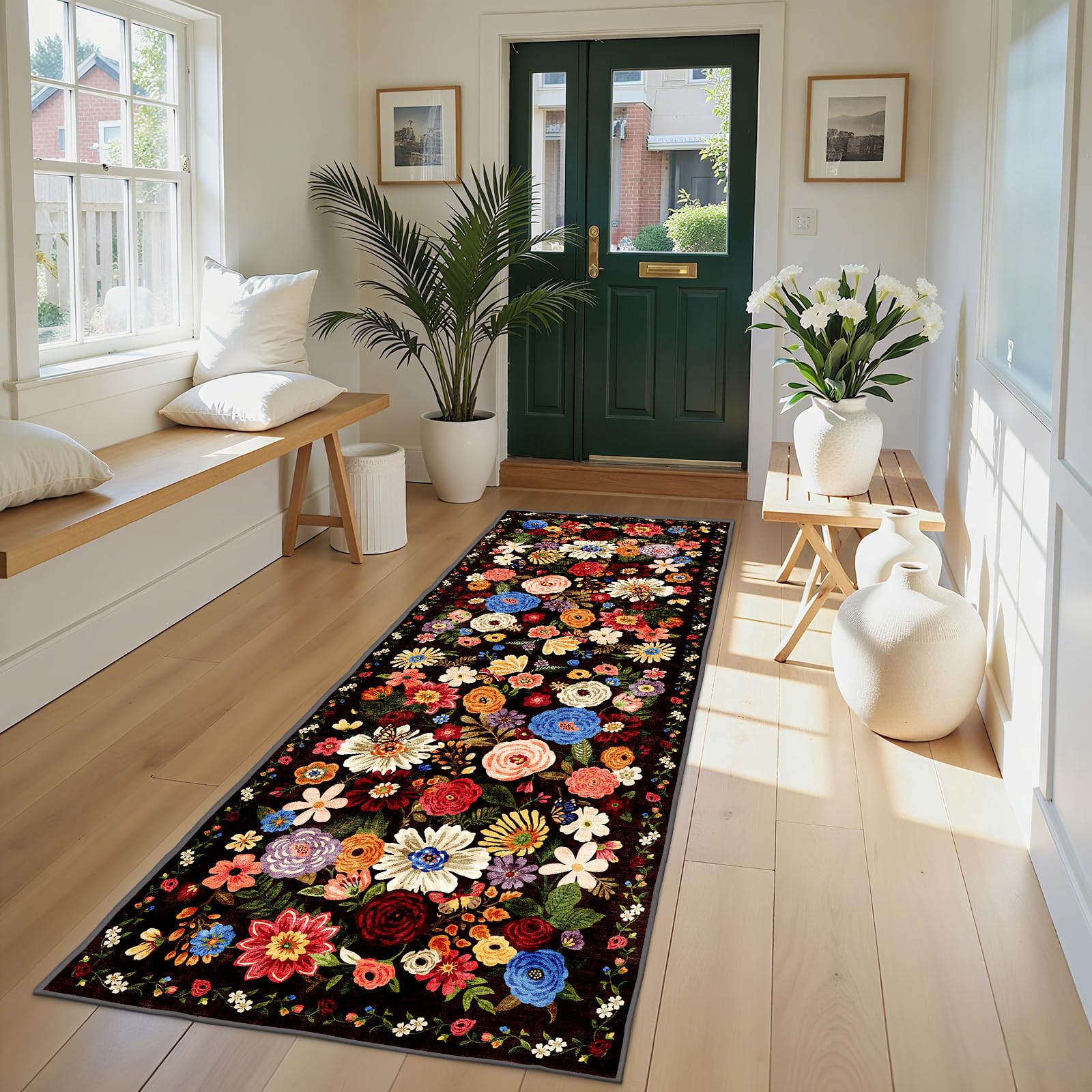 Babovid Black Brown Floral Hallway Runner Rug 2x8 for Bedroom Kitchen