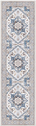 OPPODREAM Soft Entryway Rug 2x8, 2x8 Rug Runner, Neutral Washable Hallways Carpet 2 x 8 with Non Slip Backing, Low-Pile Bedside Carpet 2 x 8, Long, Faux Cashmere, Cream White & Blue & Light Brown