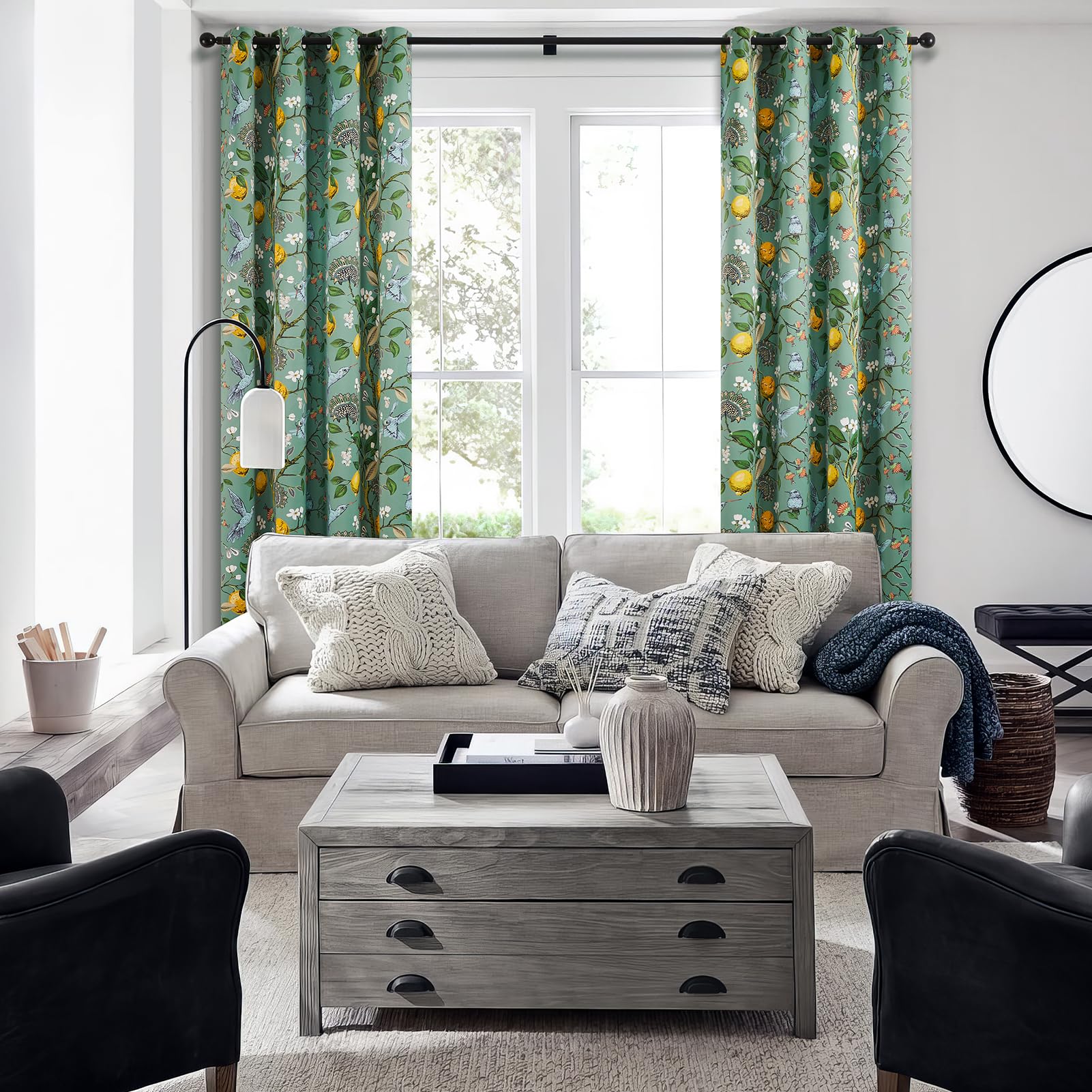 Topfinel Kitchen Curtains 45 Inch Length Floral Spring Curtains for Cafe, Vintage French Country Grommet Botanical Hummingbird Woodland Victorian Patterned Sage Green Blackout Curtains 45 Inches Long