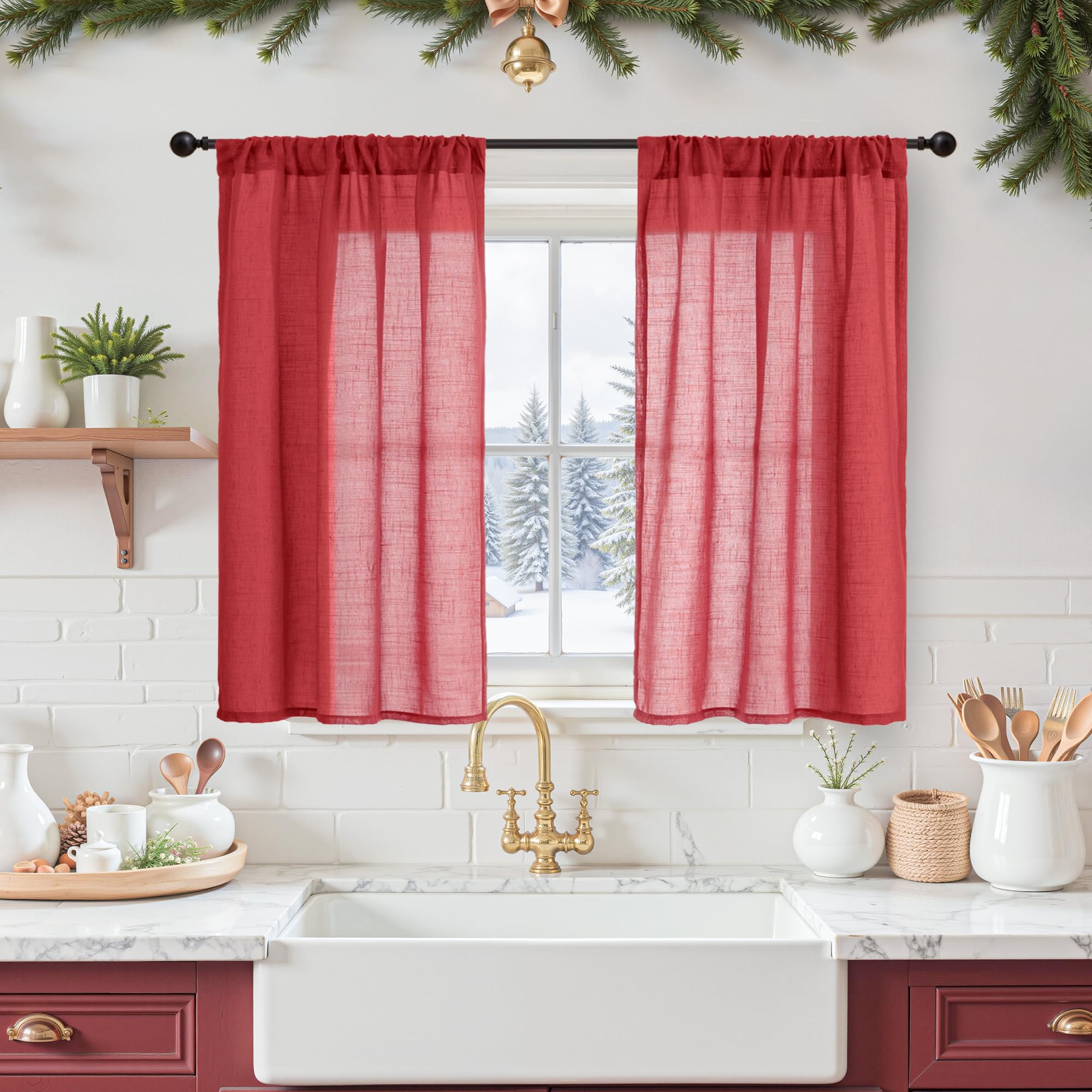 BGment Red Linen Curtains 40 Inch Length for Kitchen Window, Short Semi Sheer Drapes with Rod Pocket Light Filtering for Cafe Over Sink Bathroom Lightweight, 2 Panels, Each 30 Inch Wide