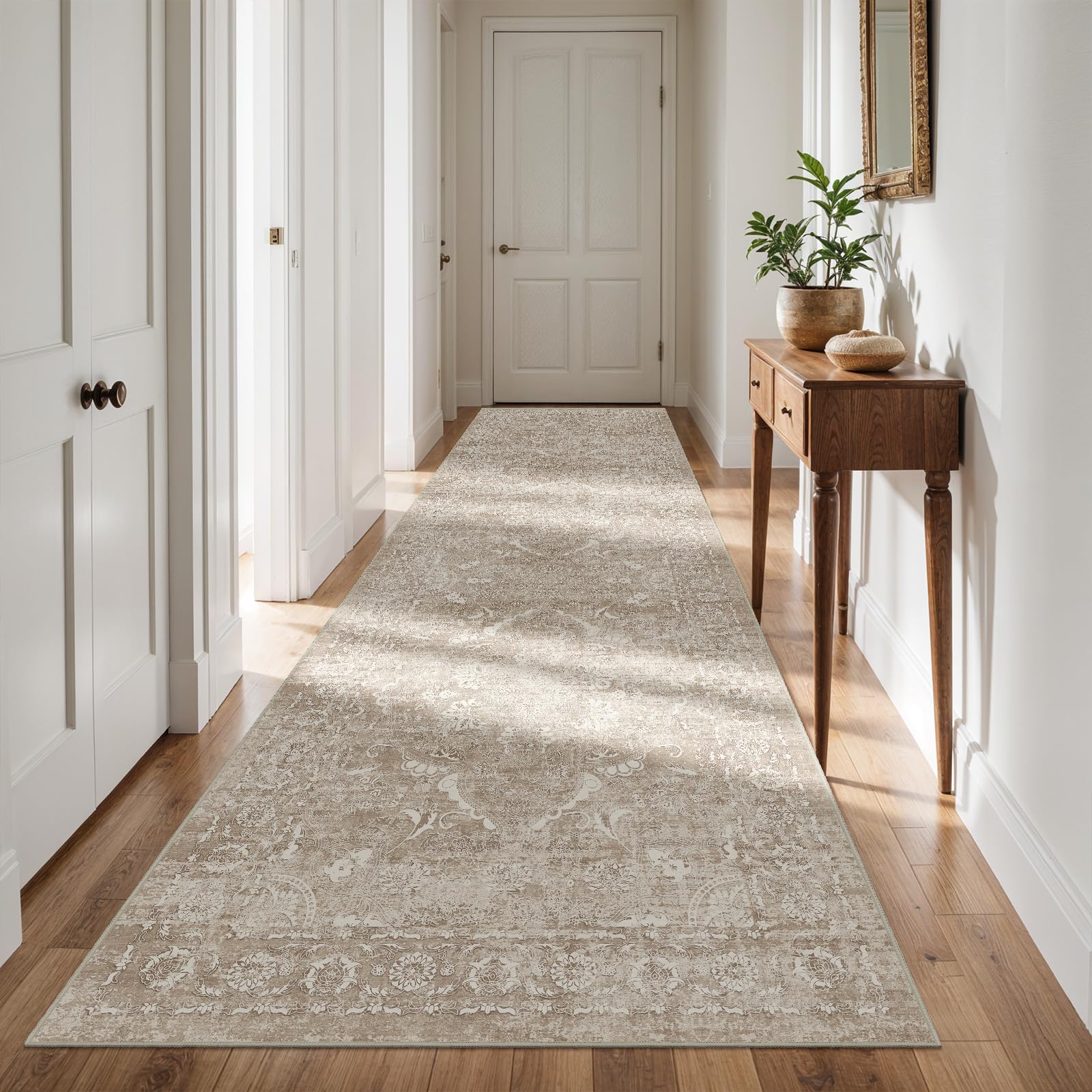 4x12 Washable Hallway Runner Rug: Vintage Wide Low Pile Rugs NaturalBeige