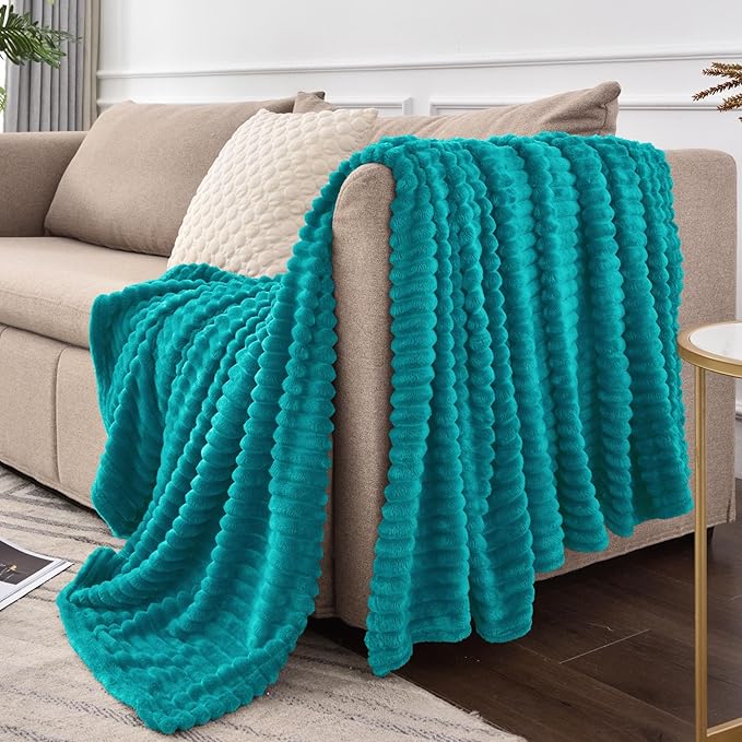 BEDELITE Ribbed Jacquard Ocean Blue Fleece Twin Blanket for Bed, 60x80 Inch