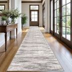 KOZYFLY Modern Abstract Washable Long Runner Rug 2.6x20 Hallway Rug Runner Non-Slip Soft Stair Runner Rugs, Grey/Light Beige/Brown Striped Carpet for Kitchen Entryway Bathroom